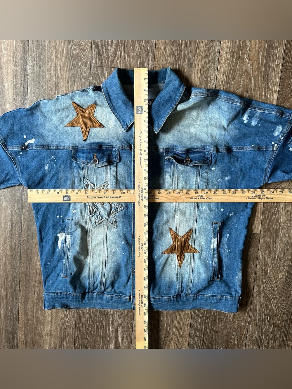 Rutherford distressed light wash, jean jacket leopard print star patches Sz XL - Picture 2 of 4